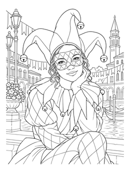 A smiling jester in a harlequin mask poses in this detailed venice coloring page.