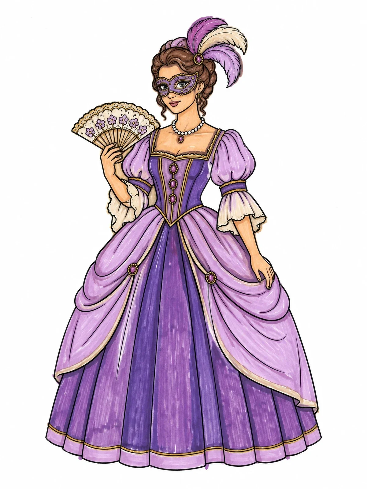 Colored example of the Venetian Carnival Lady With Mask And Fan coloring page