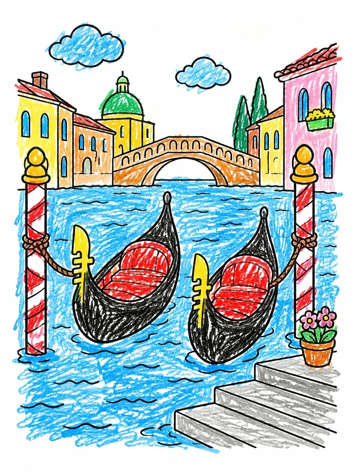Colored example of the Venetian Gondolas Tied To Poles coloring page