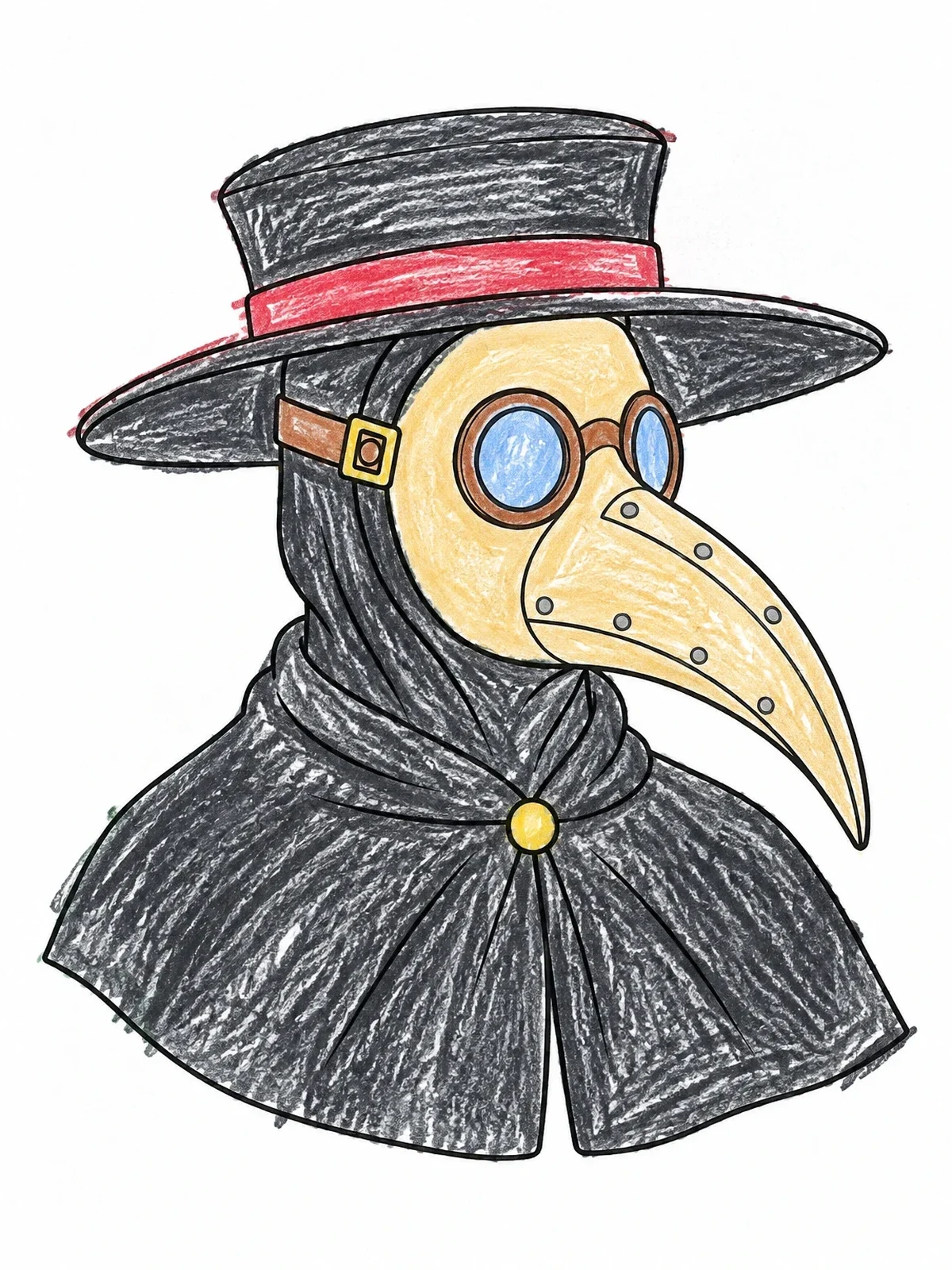 Colored example of the Venetian Plague Doctor Mask coloring page