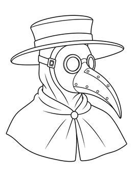 A venice coloring page depicting a historical plague doctor with a beaked mask and brimmed hat.