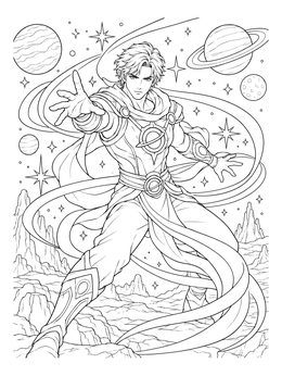 An anime warrior summons cosmic energy in this detailed venus coloring page with planets and stars.