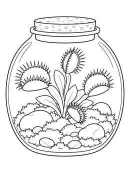 A detailed venus flytrap coloring page featuring a carnivorous plant inside a glass jar terrarium with moss.