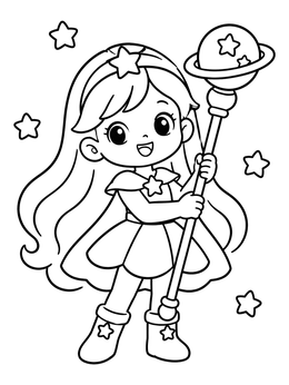 Free printable Cute Space Princess With Planet Staff coloring page