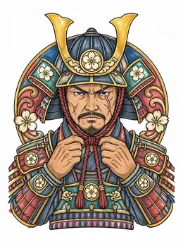 Veteran Samurai Tying Helmet Cords Coloring Page