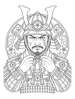 Detailed samurai coloring page showing a scarred warrior fastening his helmet cords.