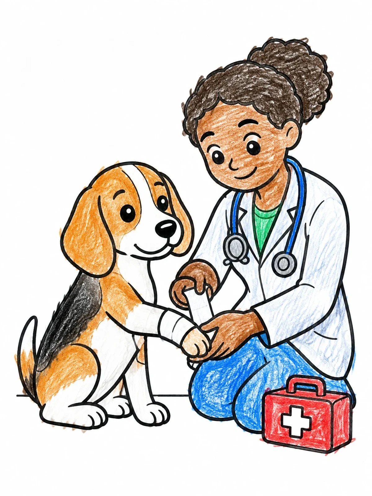 Colored example of the Veterinarian Bandaging Beagle Puppy coloring page