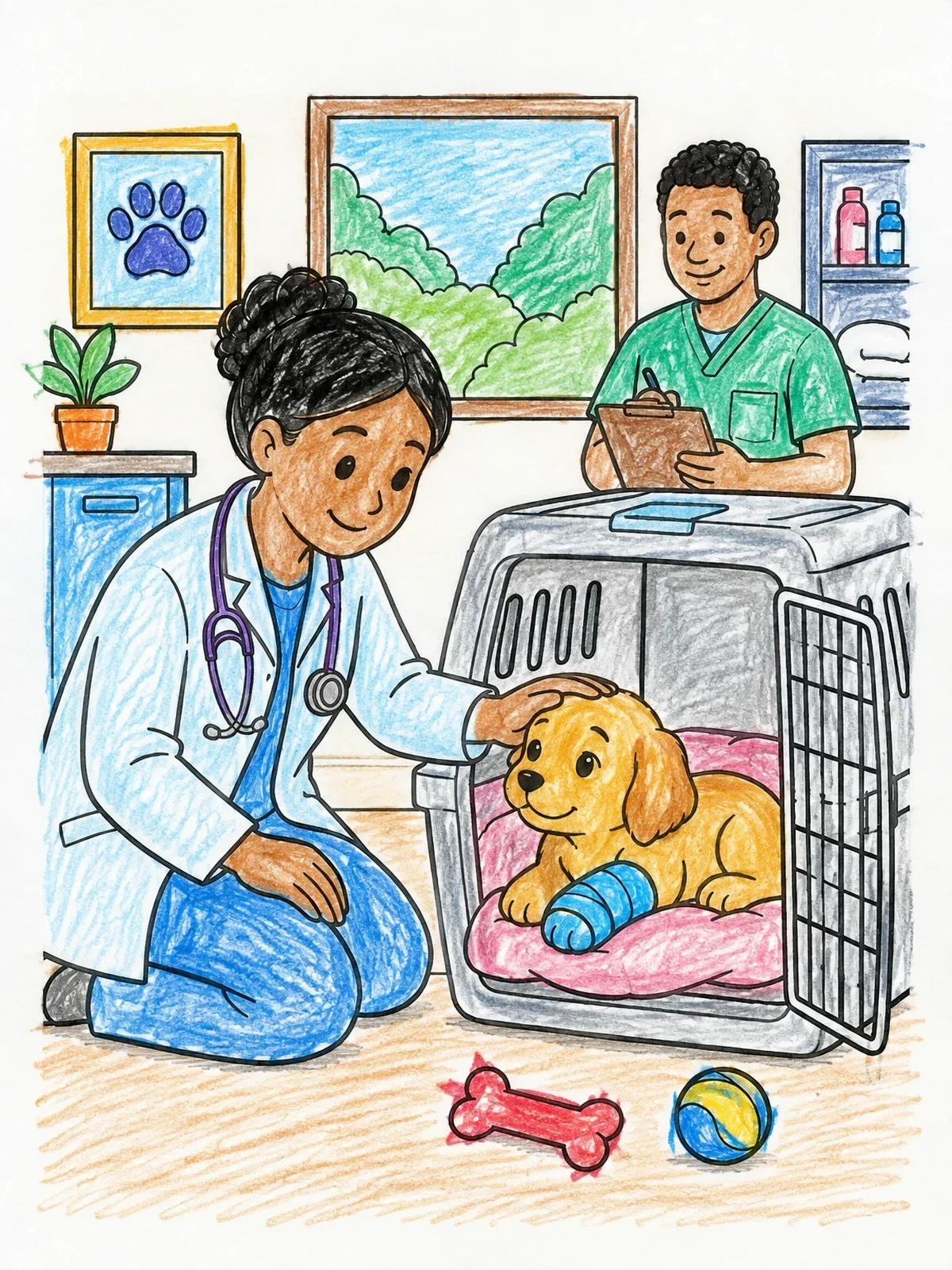 Colored example of the Veterinarian Comforting A Injured Puppy coloring page
