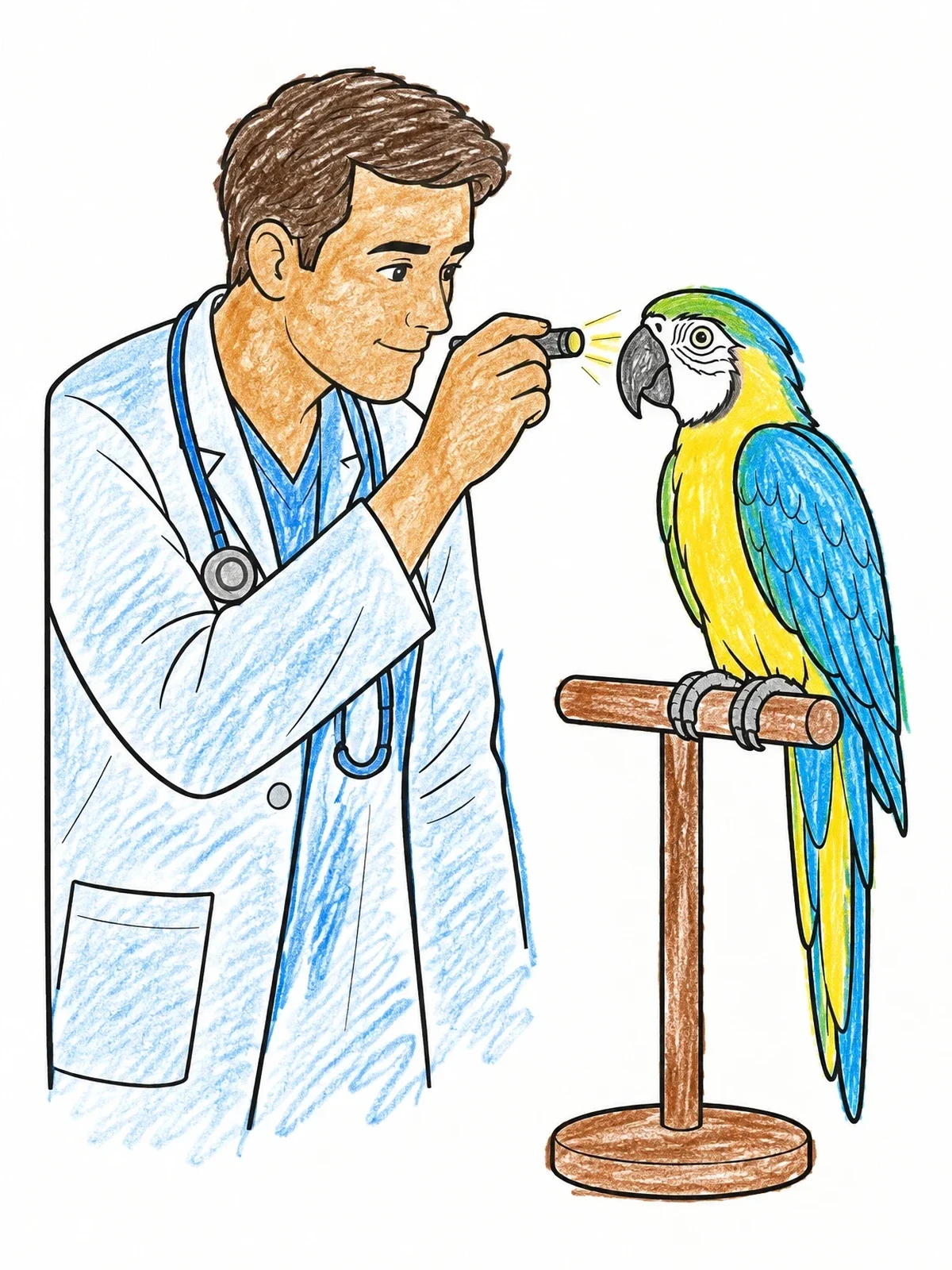 Colored example of the Veterinarian Examining A Calm Parrot coloring page