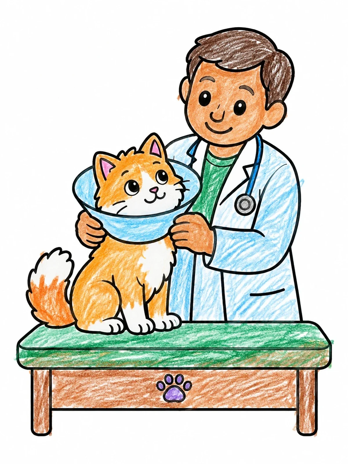 Colored example of the Veterinarian Helping Cat With Cone coloring page