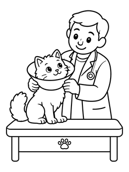 Free printable Veterinarian Helping Cat With Cone coloring page