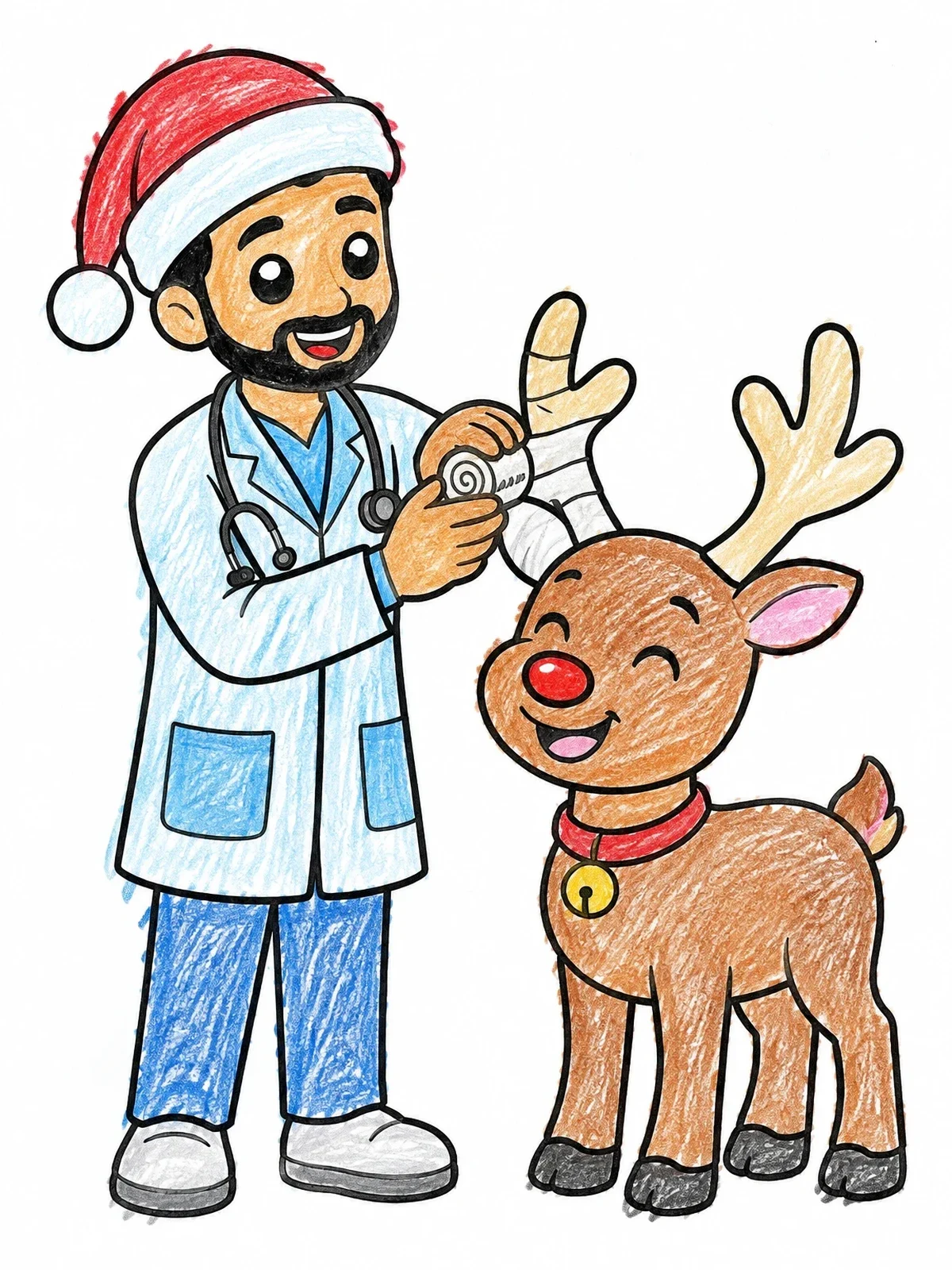 Colored example of the Friendly Vet Bandaging Reindeer Antler coloring page