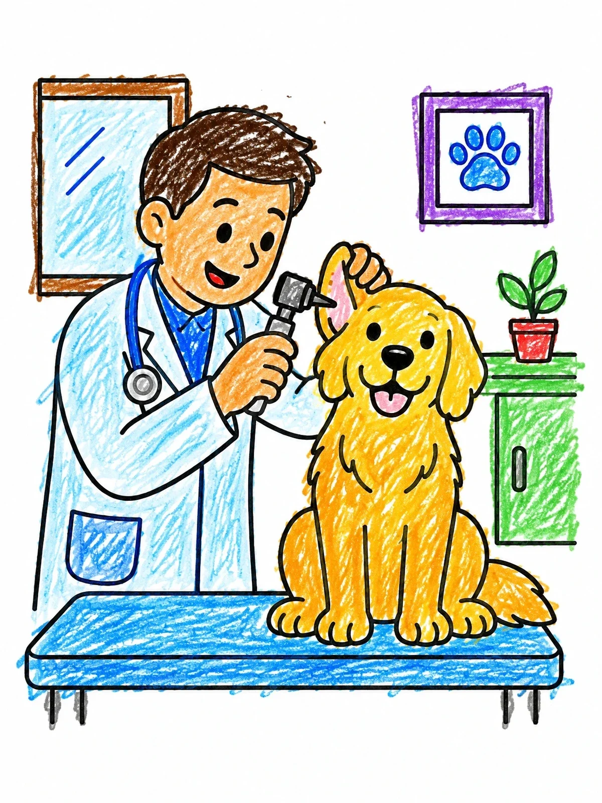Colored example of the Friendly Vet Examining A Dog coloring page