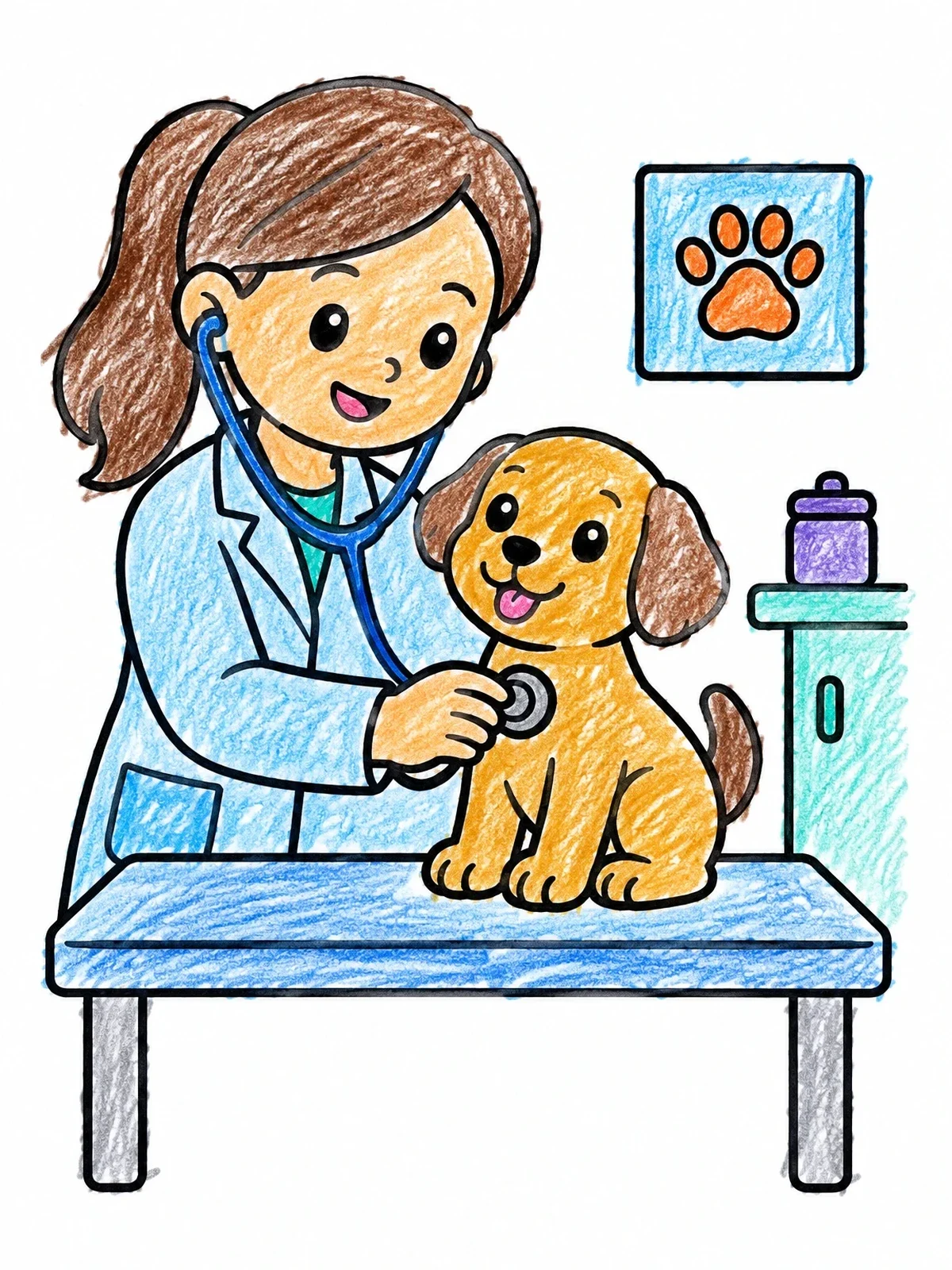 Colored example of the Friendly Vet Examining Happy Puppy coloring page