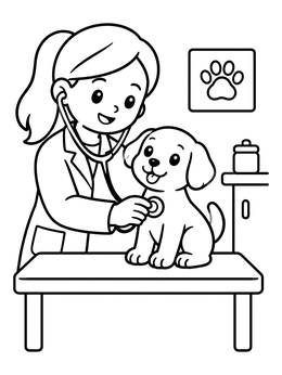 Free printable Friendly Vet Examining Happy Puppy coloring page