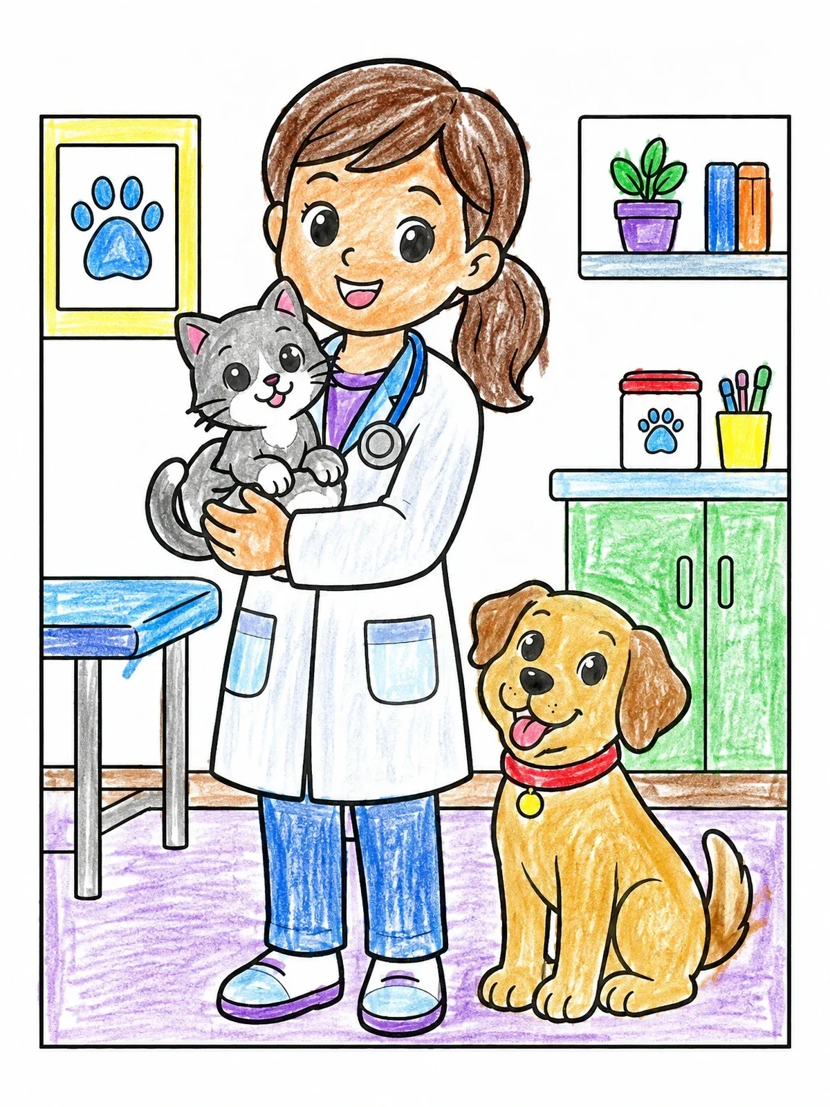 Colored example of the Friendly Vet With Cat And Dog coloring page