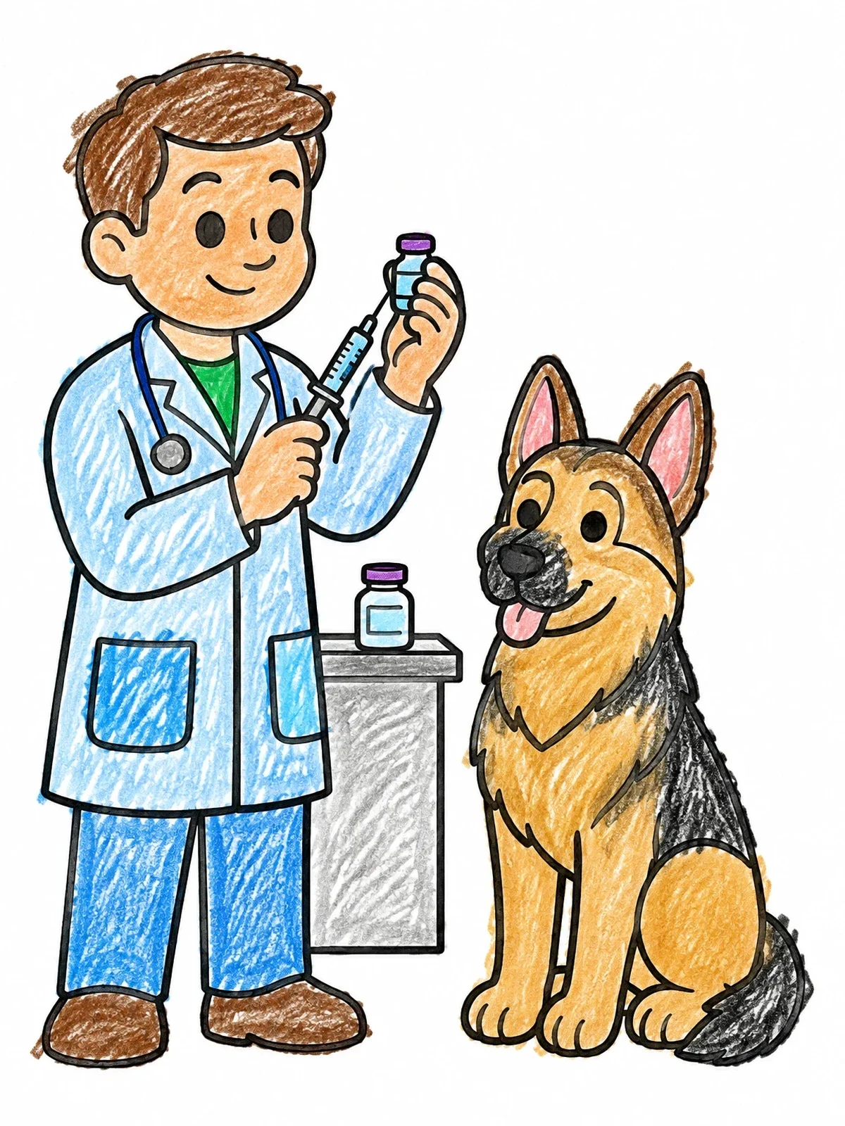 Colored example of the Friendly Vet With German Shepherd coloring page