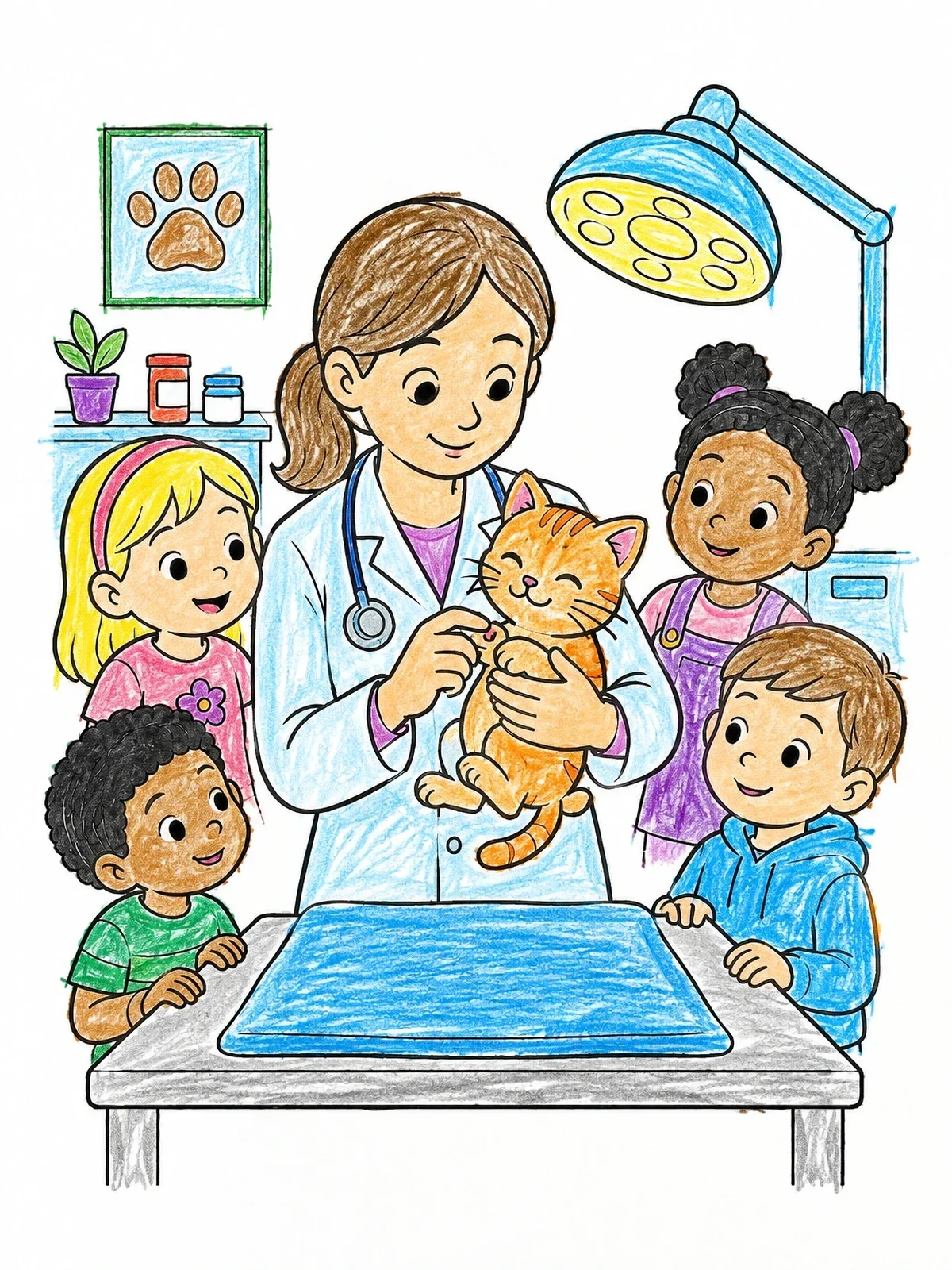 Colored example of the Veterinarian Showing Kitten To Children coloring page