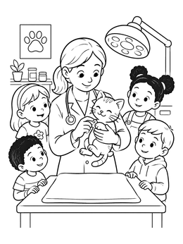 Free printable Veterinarian Showing Kitten To Children coloring page
