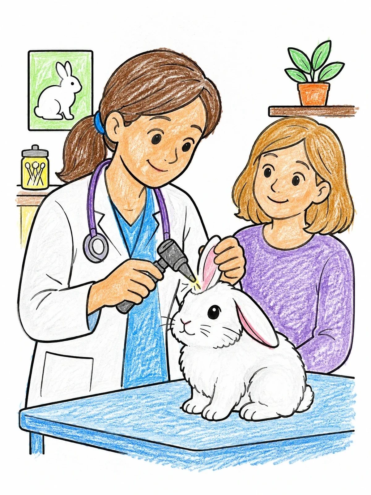 Colored example of the Vet Examining A Fluffy Bunny Ear coloring page