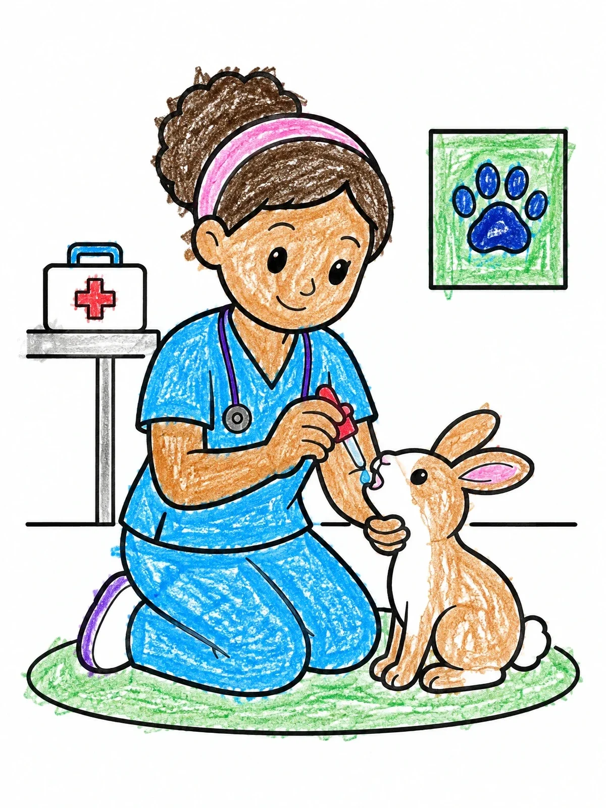 Colored example of the Vet Nurse Giving Medicine To Rabbit coloring page