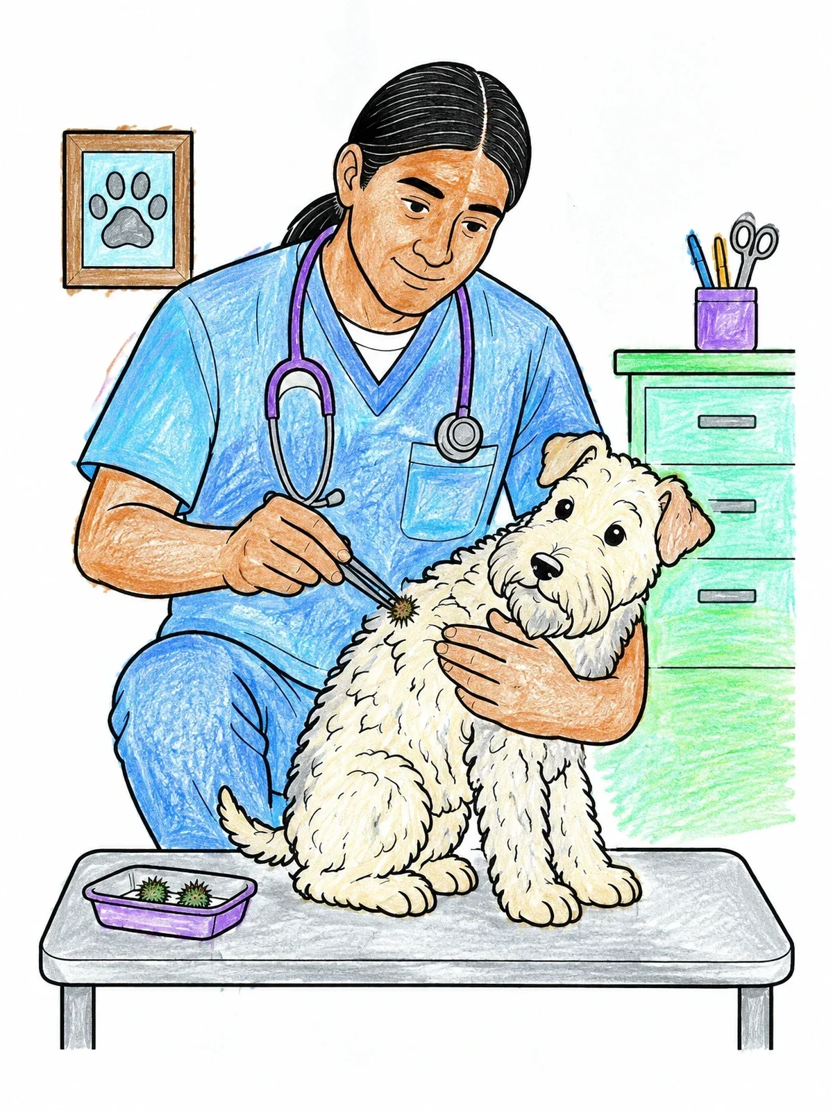 Colored example of the Vet Removing Burrs From Terrier coloring page