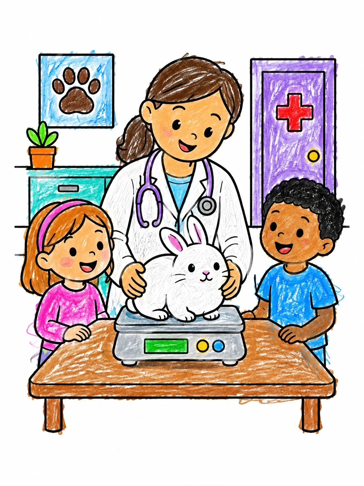 Colored example of the Veterinarian Weighing A Fluffy Bunny coloring page