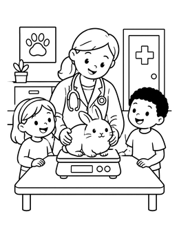 Free printable Veterinarian Weighing A Fluffy Bunny coloring page