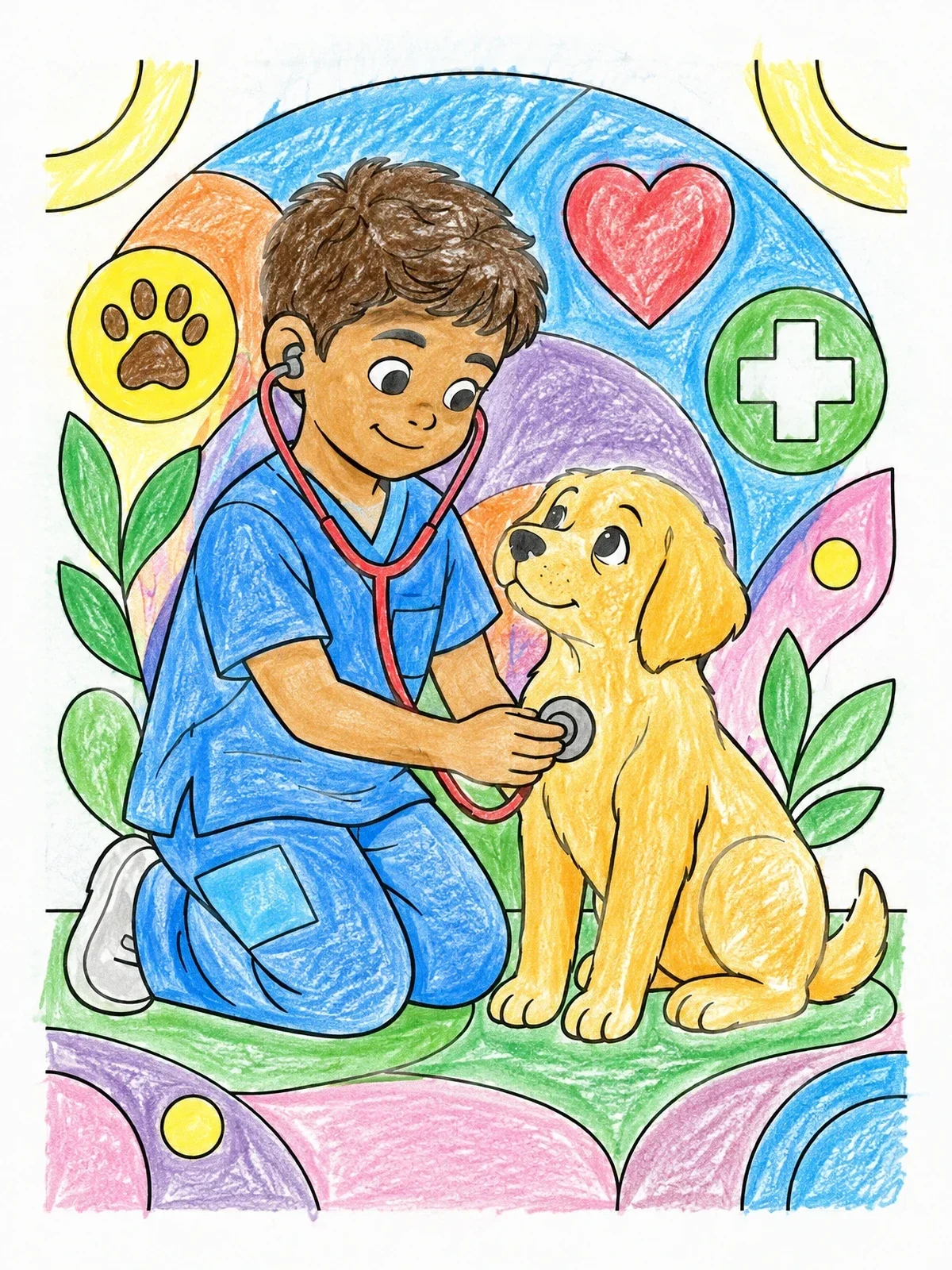 Colored example of the Young Vet Examining A Cute Puppy coloring page