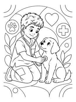 Free printable Young Vet Examining A Cute Puppy coloring page