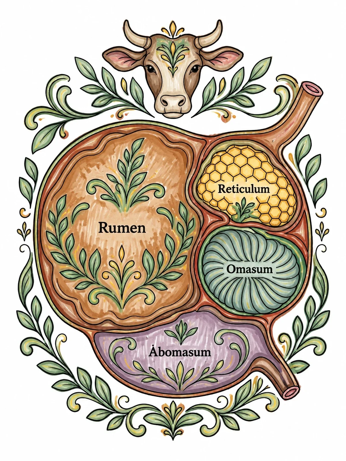 Colored example of the Bovine Ruminant Stomach Diagram coloring page
