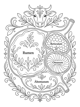 Anatomical cow stomach diagram on this veterinary coloring page.
