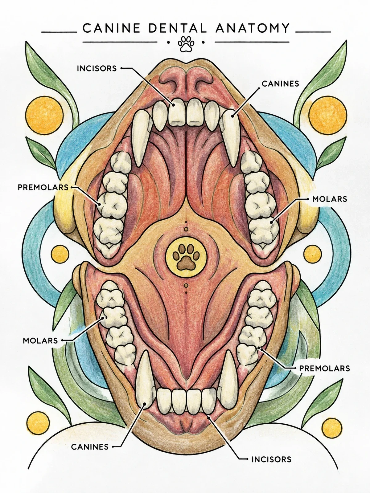 Colored example of the Canine Dental Anatomy Diagram coloring page