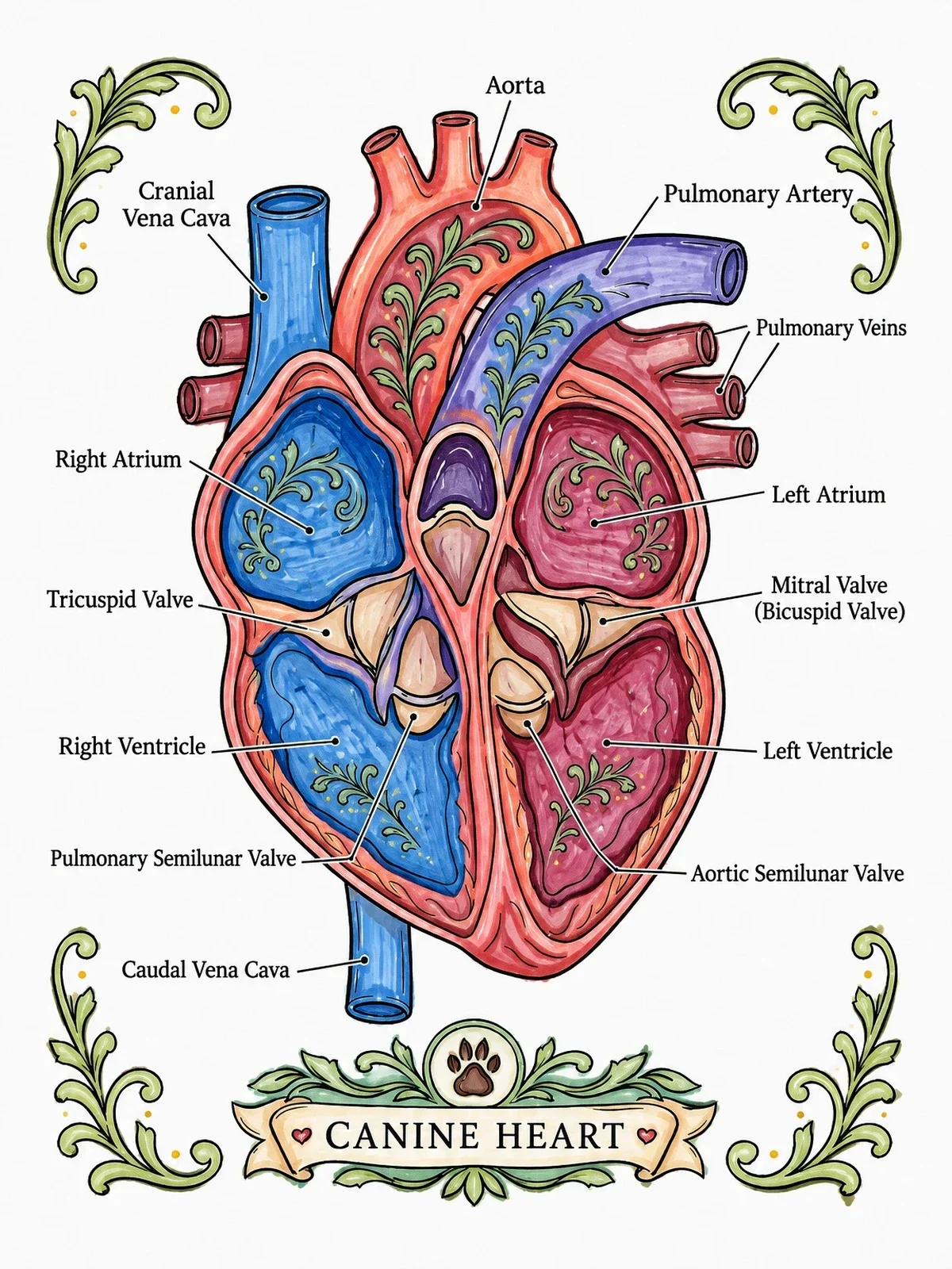 Colored example of the Canine Heart Anatomy Cross Section coloring page