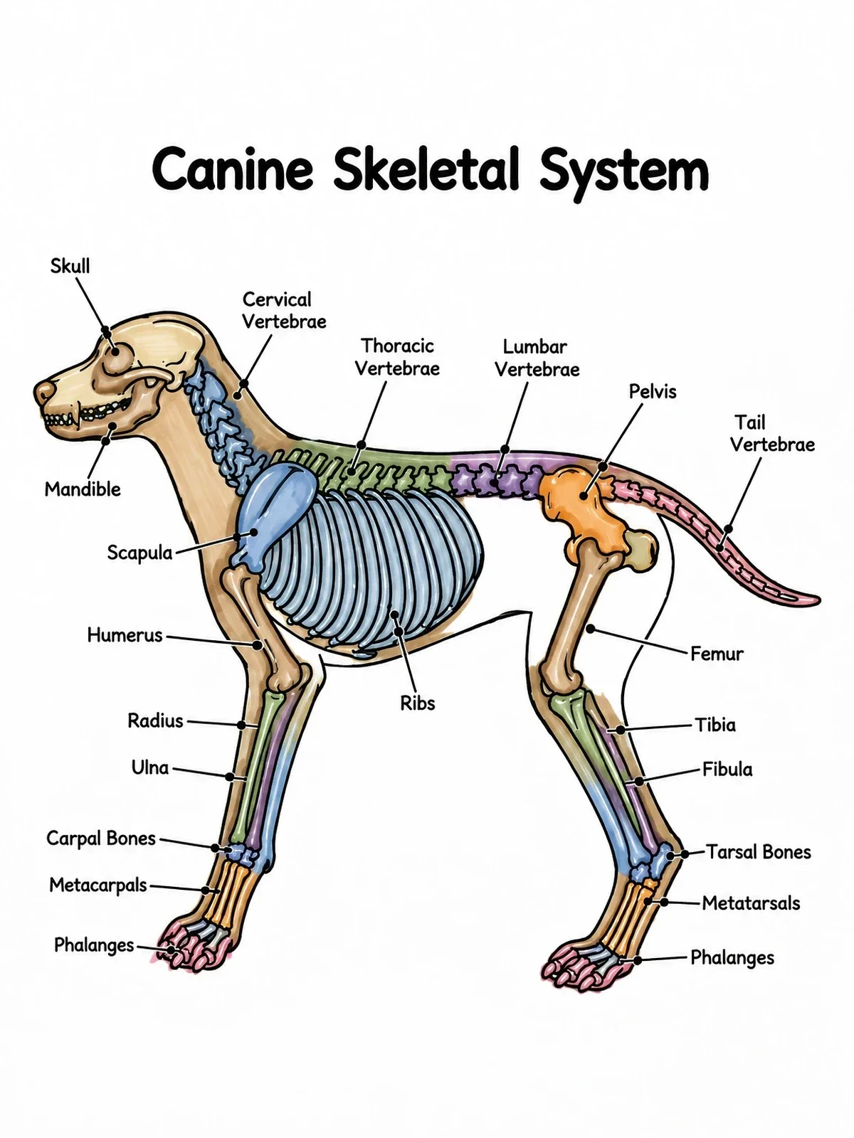 Colored example of the Canine Skeletal System Anatomy Diagram coloring page