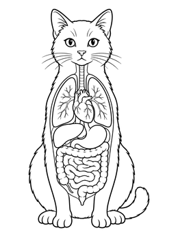Anatomical feline diagram showing internal organs in this veterinary coloring page.