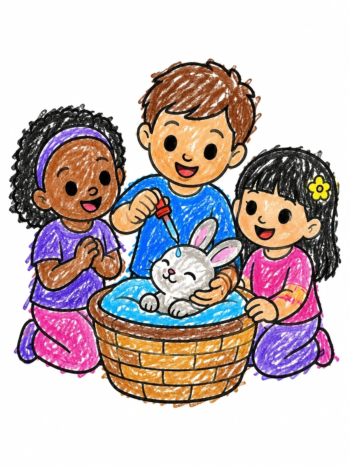 Colored example of the Children Caring For Little Bunny coloring page