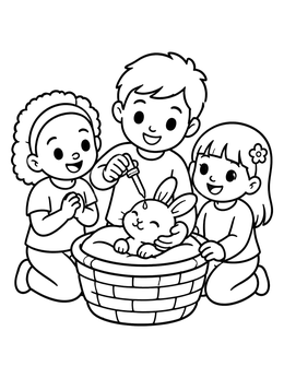 Free printable Children Caring For Little Bunny coloring page