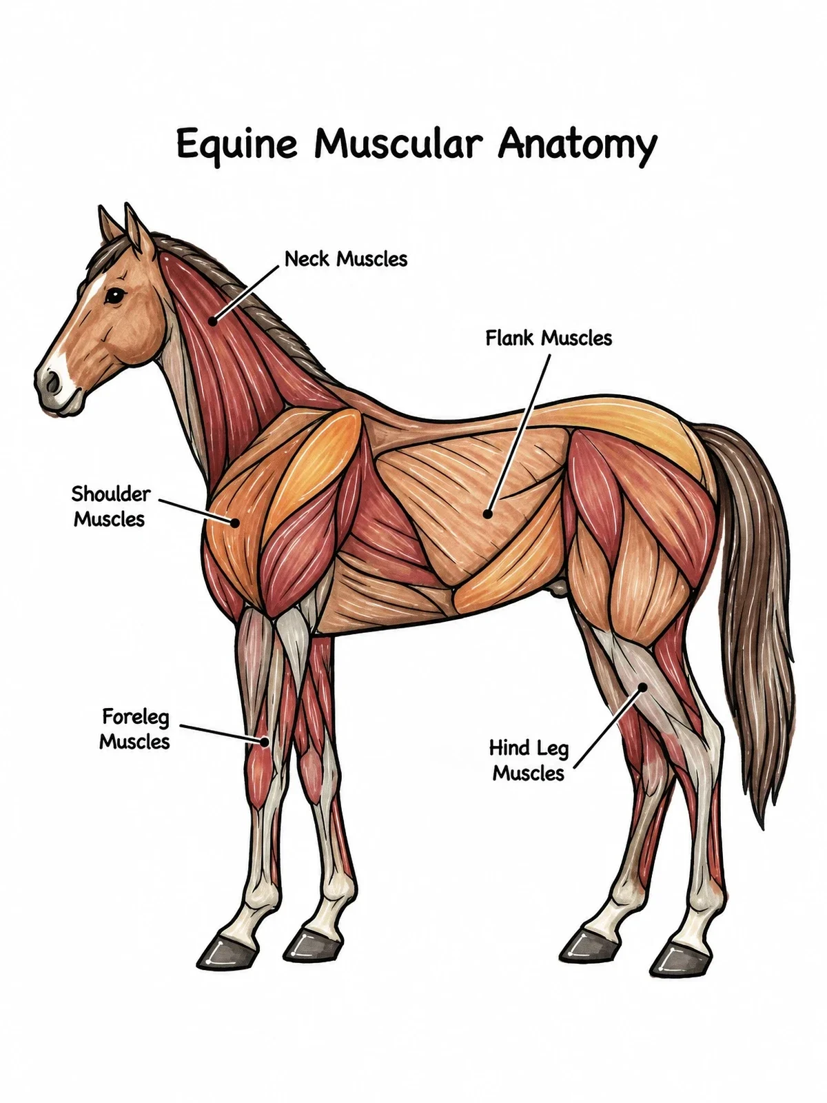 Colored example of the Equine Muscular Anatomy Chart coloring page