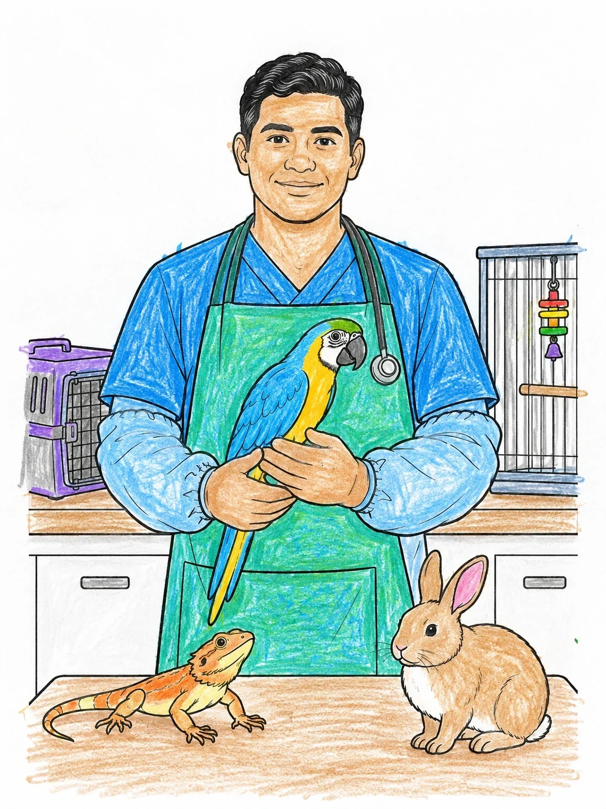 Colored example of the Exotic Pet Veterinarian With Animals coloring page