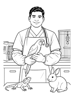 An exotic pet veterinary coloring page with a doctor holding a parrot beside a lizard and rabbit.