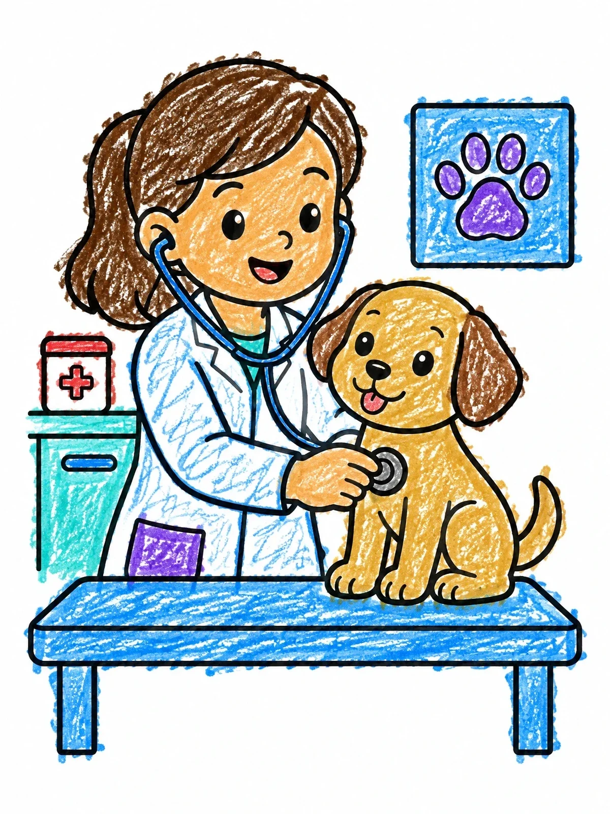 Colored example of the Friendly Vet Examining A Cute Puppy coloring page