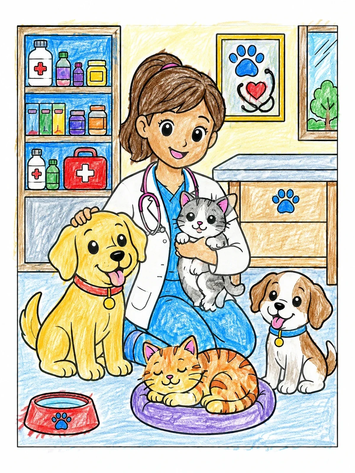 Colored example of the Friendly Vet With Puppies And Kittens coloring page