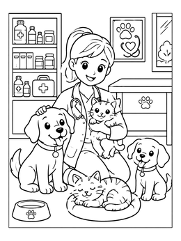 Free printable Friendly Vet With Puppies And Kittens coloring page