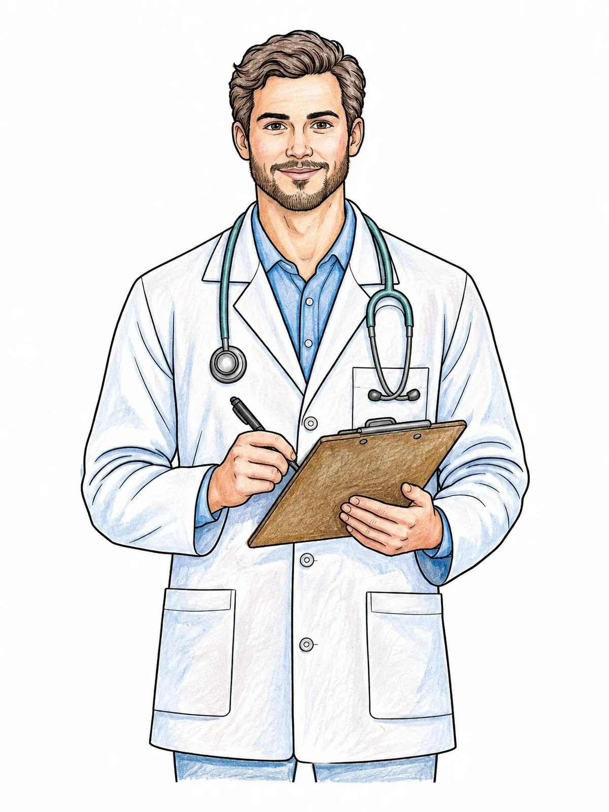 Colored example of the Friendly Veterinarian With Clipboard And Stethoscope coloring page