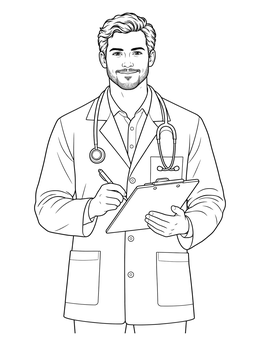 A smiling male vet takes notes on this veterinary coloring page.