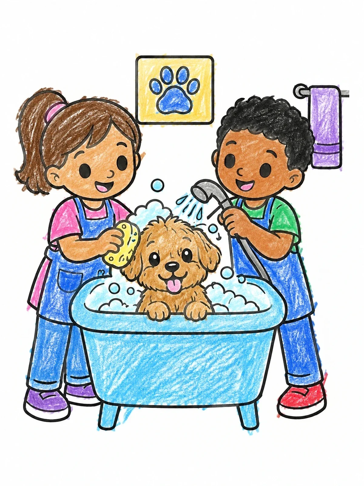 Colored example of the Kids Bathing A Puppy coloring page