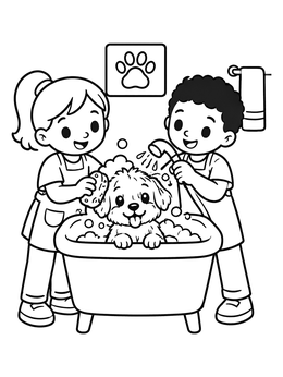 A veterinary coloring page featuring two kids washing a puppy in a tub.