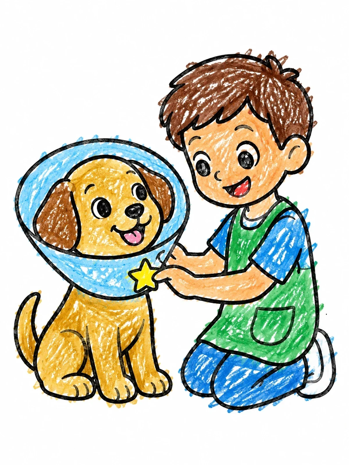 Colored example of the Puppy With Cone And Clinic Helper coloring page