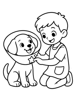 Free printable Puppy With Cone And Clinic Helper coloring page